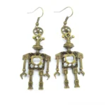 Steampunk heart robot drop earrings with antique bronze gears and hollow mechanical heart torso, front flat view on white background