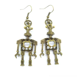Steampunk heart robot drop earrings with antique bronze gears and hollow mechanical heart torso, front flat view on white background