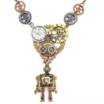 Steampunk robot heart necklace pendant frontal view with triangular gears and clock dial on white background