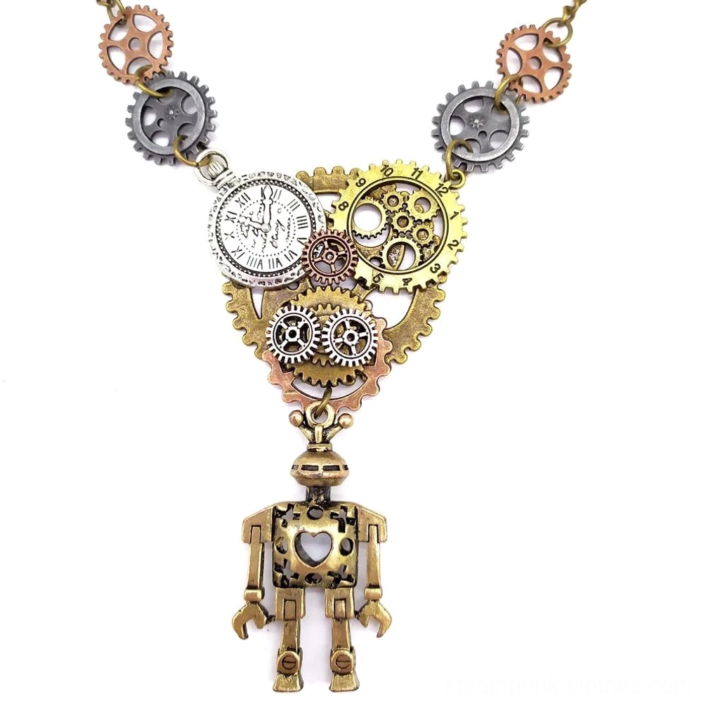 Steampunk robot heart necklace pendant frontal view with triangular gears and clock dial on white background