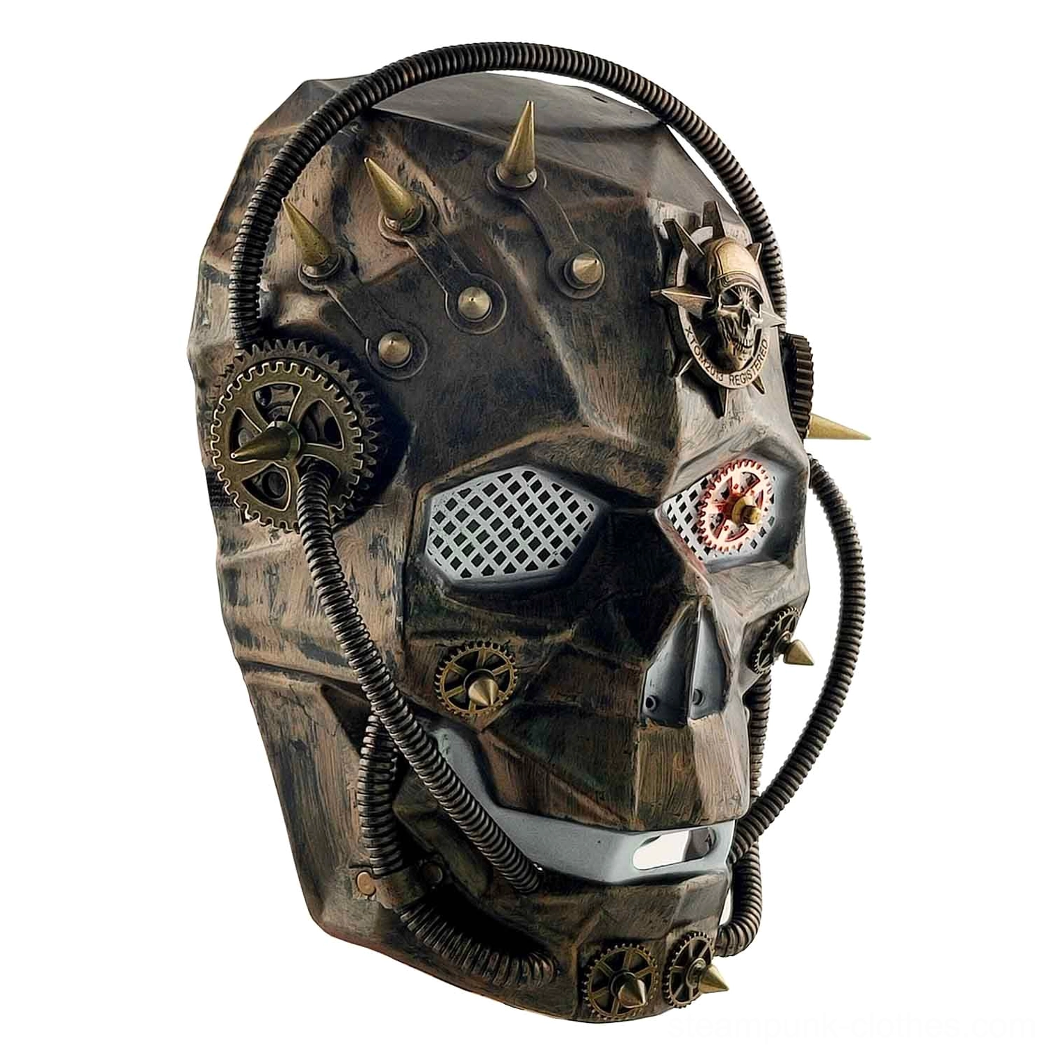 Three-quarter front-bottom view of handcrafted steampunk robot mask showing distressed bronze coating, coiled tubing accents, gear ornaments, and full-face mechanical design