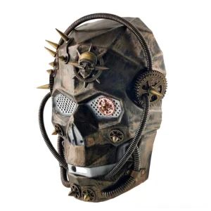 Three-quarter front view of full-face steampunk robot mask showing weathered bronze coating, coiled flexible tubing accents, multiple metal spikes, and mechanical gear decorations