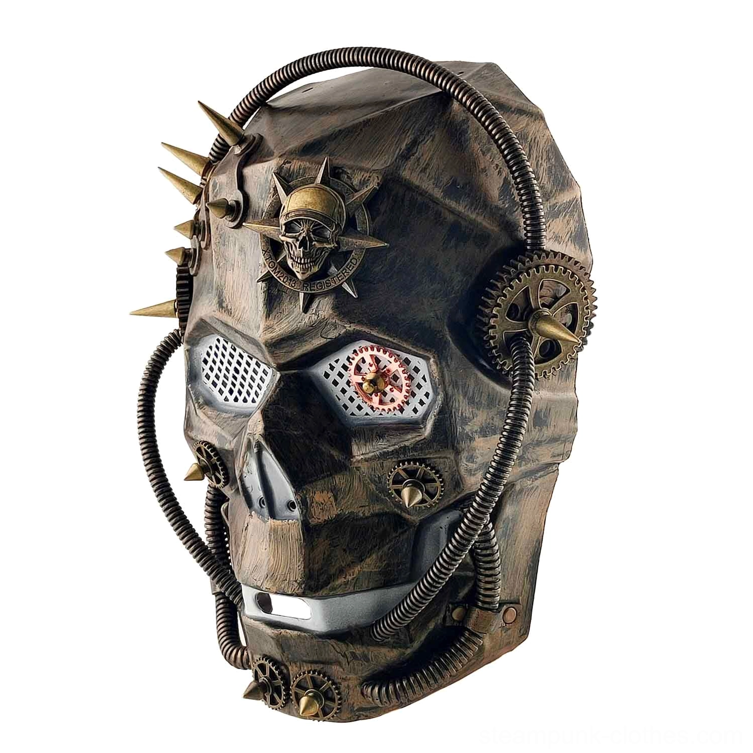 Three-quarter front view of full-face steampunk robot mask showing weathered bronze coating, coiled flexible tubing accents, multiple metal spikes, and mechanical gear decorations