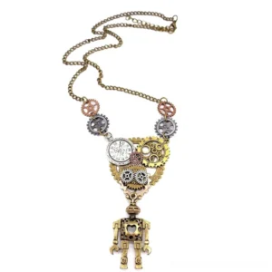 Steampunk robot necklace with brass chain coiled display showing compact pendant with hollow heart cutout and mixed metal details