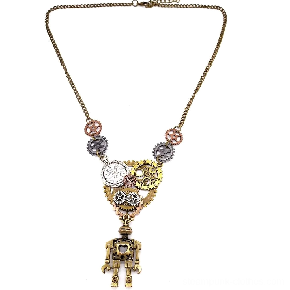 Overhead view of steampunk robot necklace showing full slender chain length and minimal gear accents on pendant