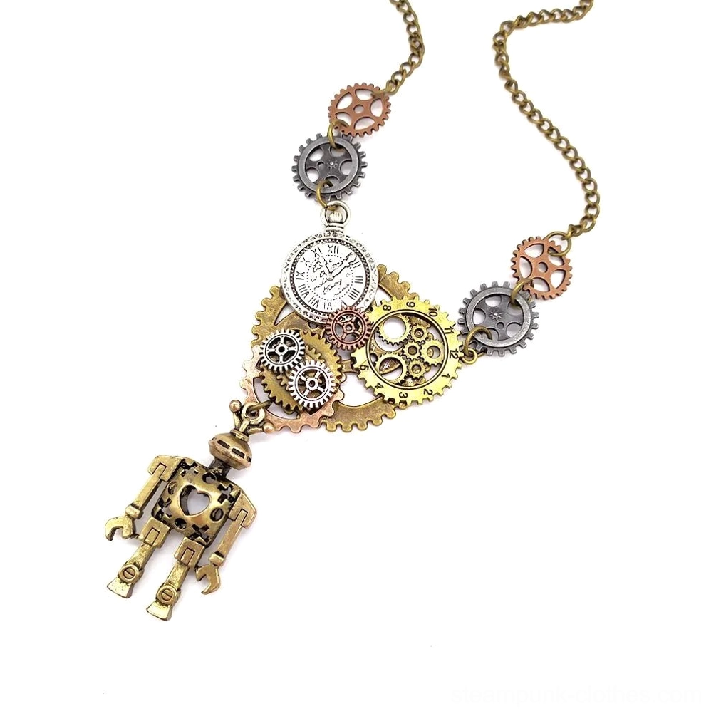 Oblique side view of steampunk robot necklace with full gear cluster decoration and prominent clock dial on mixed metal pendant