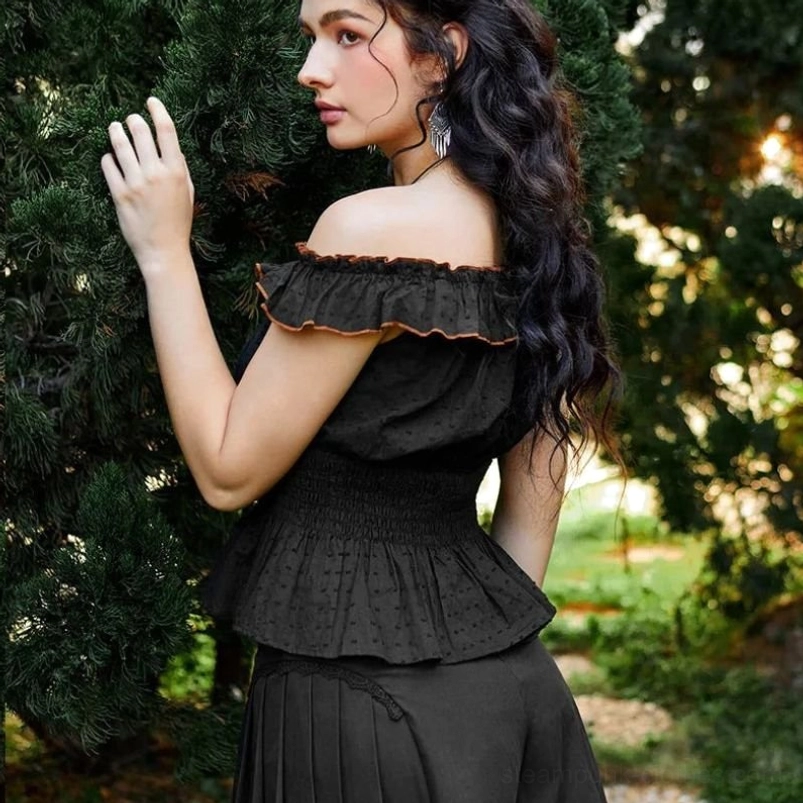 Black steampunk off-shoulder blouse with off-shoulder ruffled edge and smocked waist - romantic industrial style
