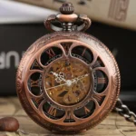 Steampunk rose pocket watch with red copper carved case, Roman numeral skeleton dial, and exposed mechanical gears displayed on vintage nautical map
