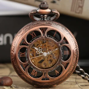Steampunk rose pocket watch with red copper carved case, Roman numeral skeleton dial, and exposed mechanical gears displayed on vintage nautical map