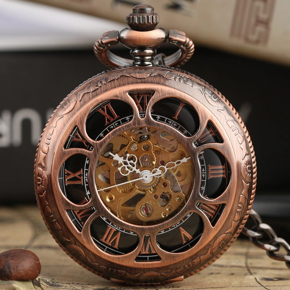 Steampunk rose pocket watch with red copper carved case, Roman numeral skeleton dial, and exposed mechanical gears displayed on vintage nautical map