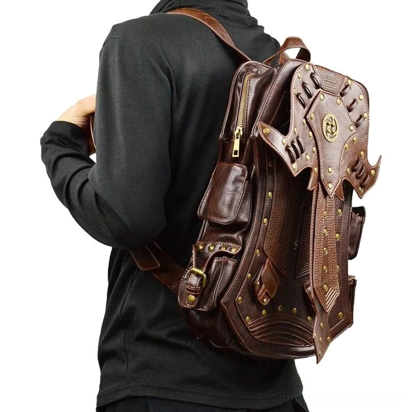 Steampunk leather backpack left side view on male model, displaying metal zippers, riveted armor decoration, durable polyester backing, and full shoulder strap adjustability