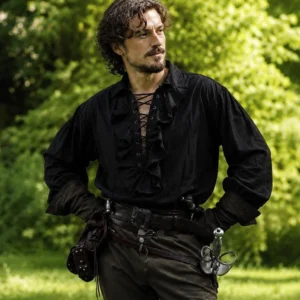 Men's black steampunk ruffle shirt with lace-up front, puffed sleeves, and ruffled jabot collar – outdoor model view