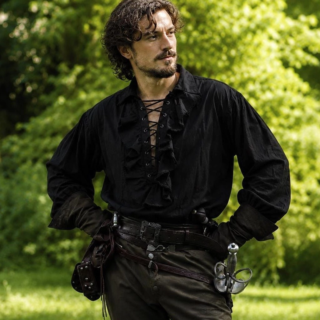 Men's black steampunk ruffle shirt with lace-up front, puffed sleeves, and ruffled jabot collar – outdoor model view
