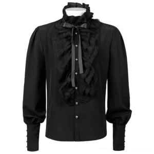 Gothic formal shirt detail showing ornate ruffled jabot collar, satin ribbon bow, and layered lace trim on white background