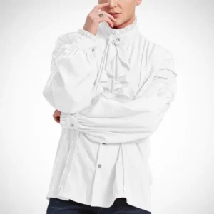 Victorian steampunk ruffled shirt white front three-quarter view on male model showing bishop sleeves and ruffled stand collar with brooch detail