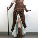 Brown ruffled steampunk skirt with brass buckled corset waist front full-body view on model