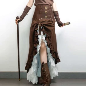 Brown ruffled steampunk skirt with brass buckled corset waist front full-body view on model