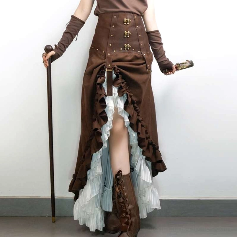 Brown ruffled steampunk skirt with brass buckled corset waist front full-body view on model
