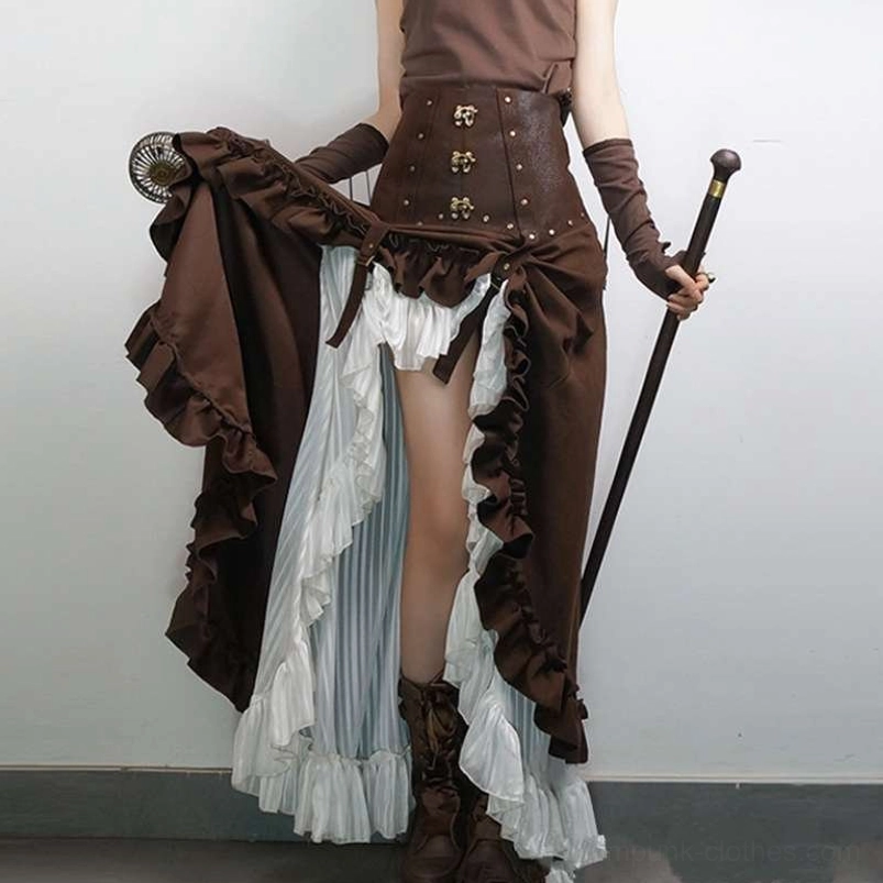Brown steampunk ruffled skirt with striped underlayer detail held with walking cane accessory