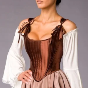 Brown satin steampunk corset front view off-shoulder ribbon straps detail close-up