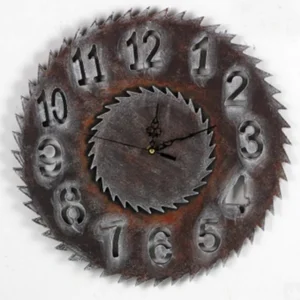 Steampunk saw blade wall clock with serrated metal rim and hollow Arabic numerals, front view on white background