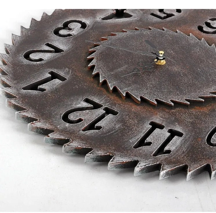 Close-up detail of steampunk clock showing weathered dark brown metal finish, golden central pivot, and vintage numerals