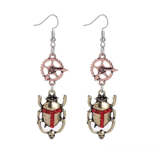 Steampunk scarab beetle drop earrings bronze-gold metal with fishhook earwires, flat lay shot