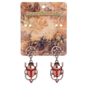 Antique copper steampunk scarab beetle earrings displayed on branded product card with gear charm
