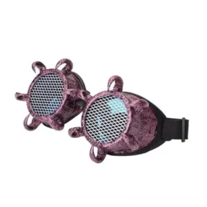 Purple pink corail glitter steampunk goggles with octopus claw design and mesh filter lenses, three-quarter front view studio shot