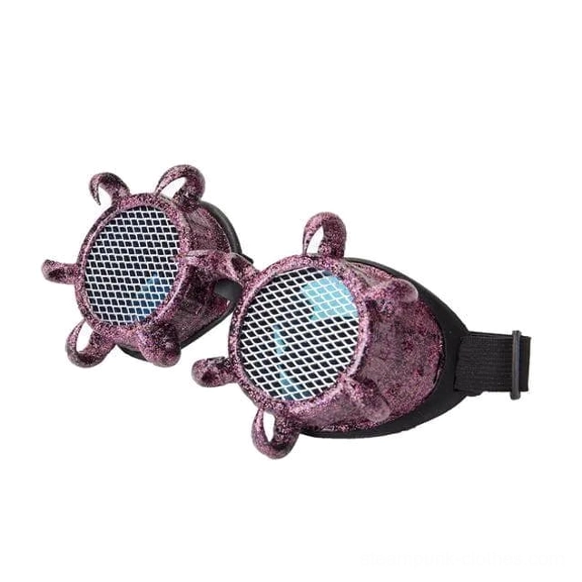 Purple pink corail glitter steampunk goggles with octopus claw design and mesh filter lenses, three-quarter front view studio shot