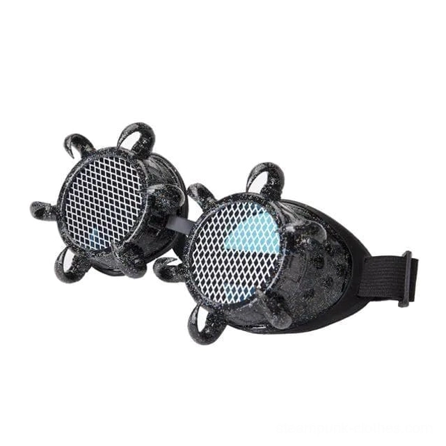 Matte black steampunk goggles with glitter frame and octopus claw decorations, mesh filter lenses, three-quarter front view