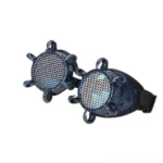 Navy blue glitter steampunk goggles with octopus claw decorations and mesh filter lenses, three-quarter front view on white background
