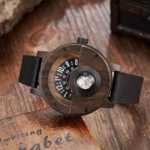 Steampunk semicircle wooden watch with compass dial displayed on vintage wooden desktop with presentation box