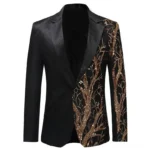 Black and gold sequin steampunk blazer front view on mannequin with ornate branch embroidery details