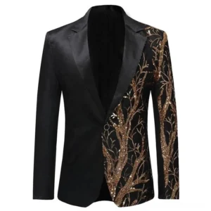 Black and gold sequin steampunk blazer front view on mannequin with ornate branch embroidery details