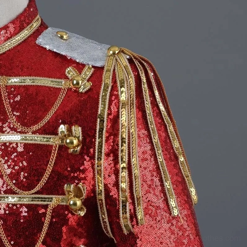 Military steampunk sequin jacket detail shot showcasing sequin texture and craftsmanship