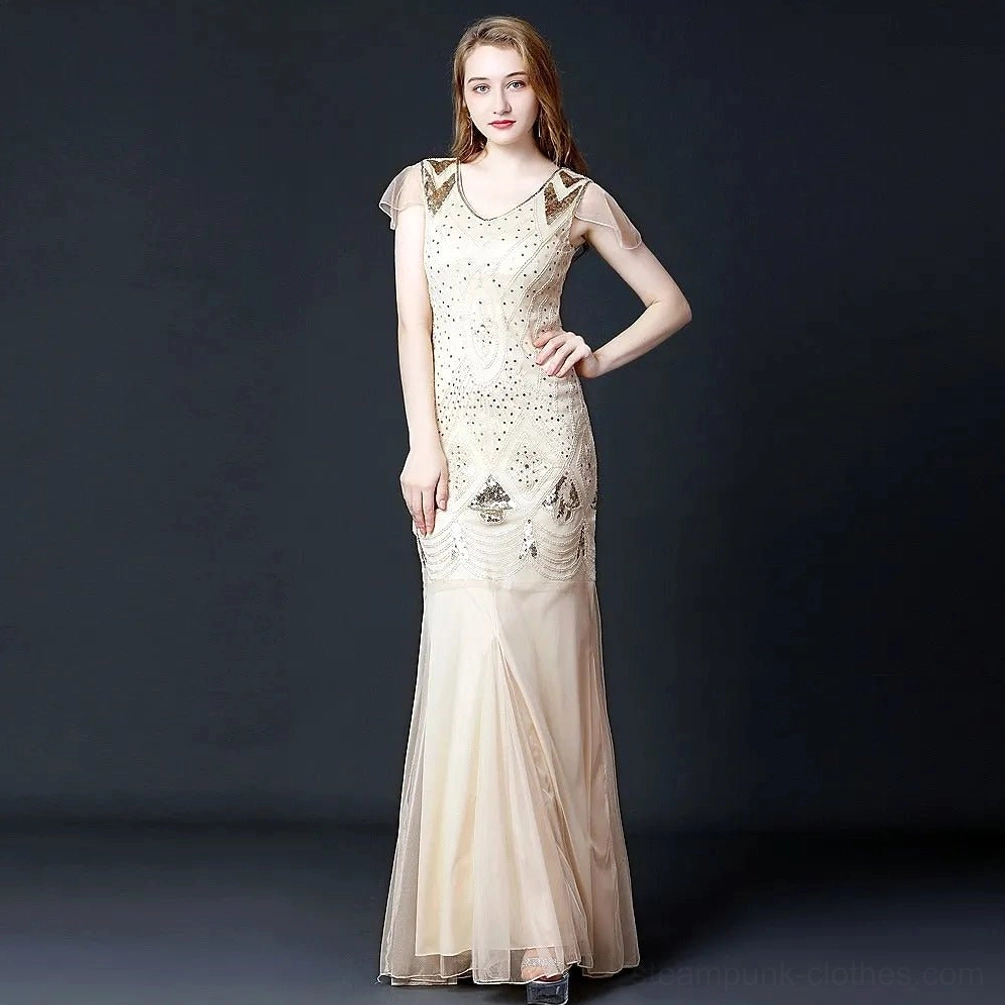 Steampunk sequin mermaid gown in apricot with sheer cap sleeves, V-neckline, and intricate beaded embellishments - front full-body view of 1920s-inspired evening dress