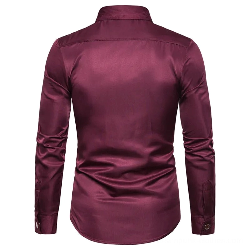 Burgundy steampunk men's shirt back flat lay, displaying premium satin fabric quality