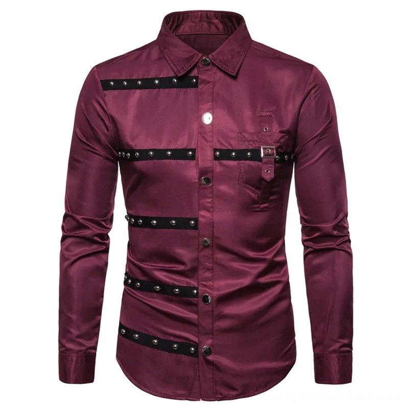 Burgundy steampunk blouse flat lay front detail, featuring riveted straps and chest pocket