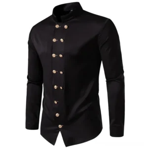 Double-breasted steampunk shirt flat lay front view, black woven fabric with six embossed brass buttons in military double-row configuration and stand collar detail