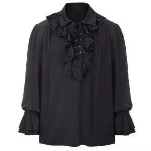 Black steampunk pirate shirt front view – lace-up placket with metal eyelets and layered ruffles