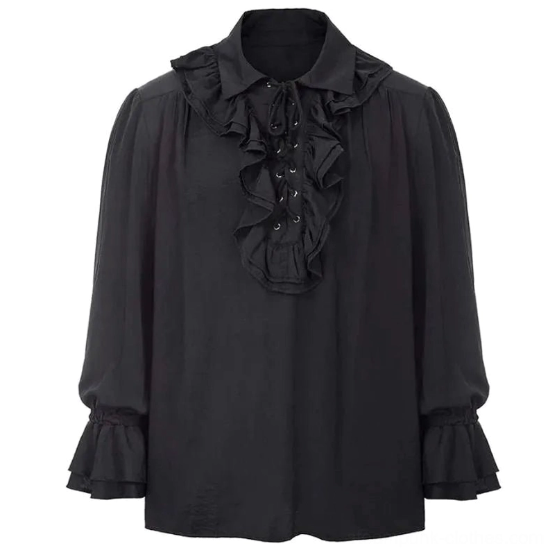 Black steampunk pirate shirt front view – lace-up placket with metal eyelets and layered ruffles