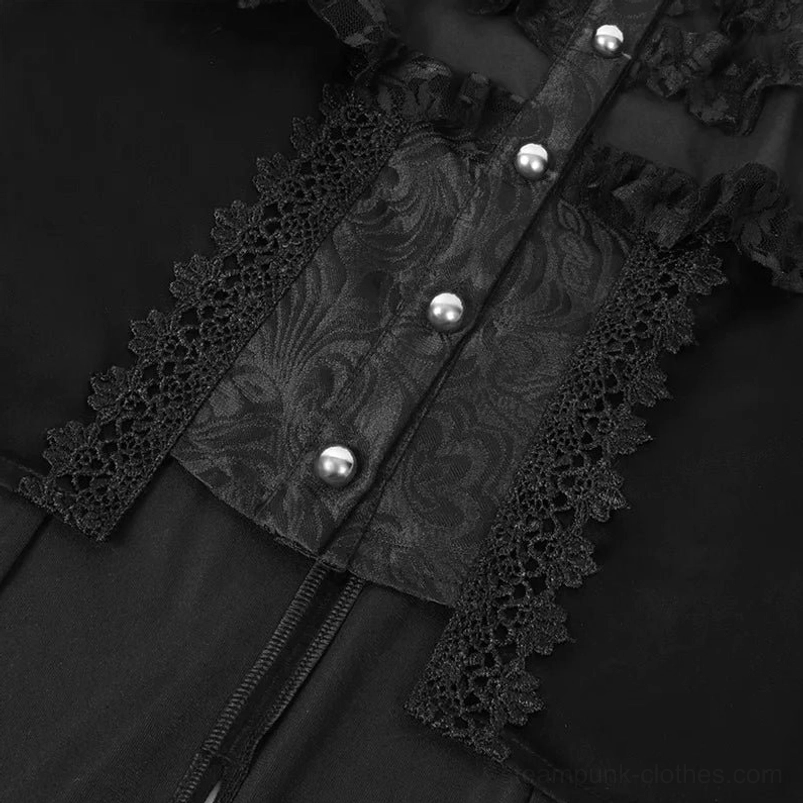 Close-up detail of black steampunk shirt front placket showing floral brocade fabric, black lace trim, and round pearl buttons