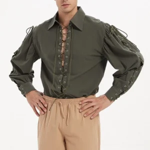 Steampunk lace-up shirt with puffed sleeves, pointed collar, and full front lacing on male model in khaki trousers