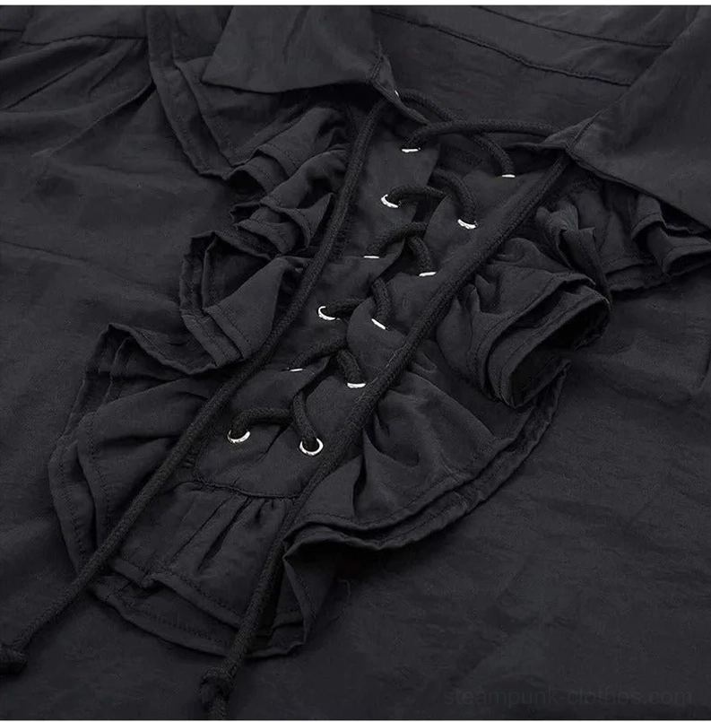 Close-up detail of steampunk shirt lace-up closure with metal eyelets and layered ruffled trim