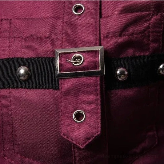 Steampunk shirt metal rivet and buckle strap detail close-up, showing industrial fastening hardware