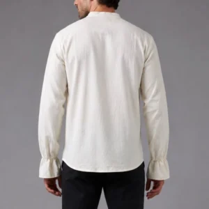 Men's Steampunk Blouse - Off-White Retro Shirt Rear View with Stand Collar and Curved Hem