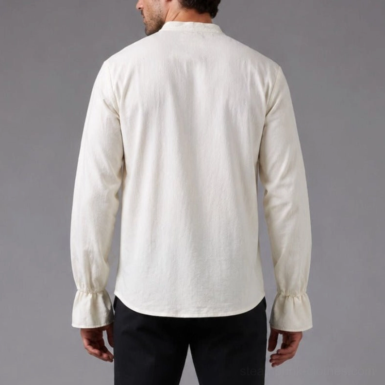 Men's Steampunk Blouse - Off-White Retro Shirt Rear View with Stand Collar and Curved Hem