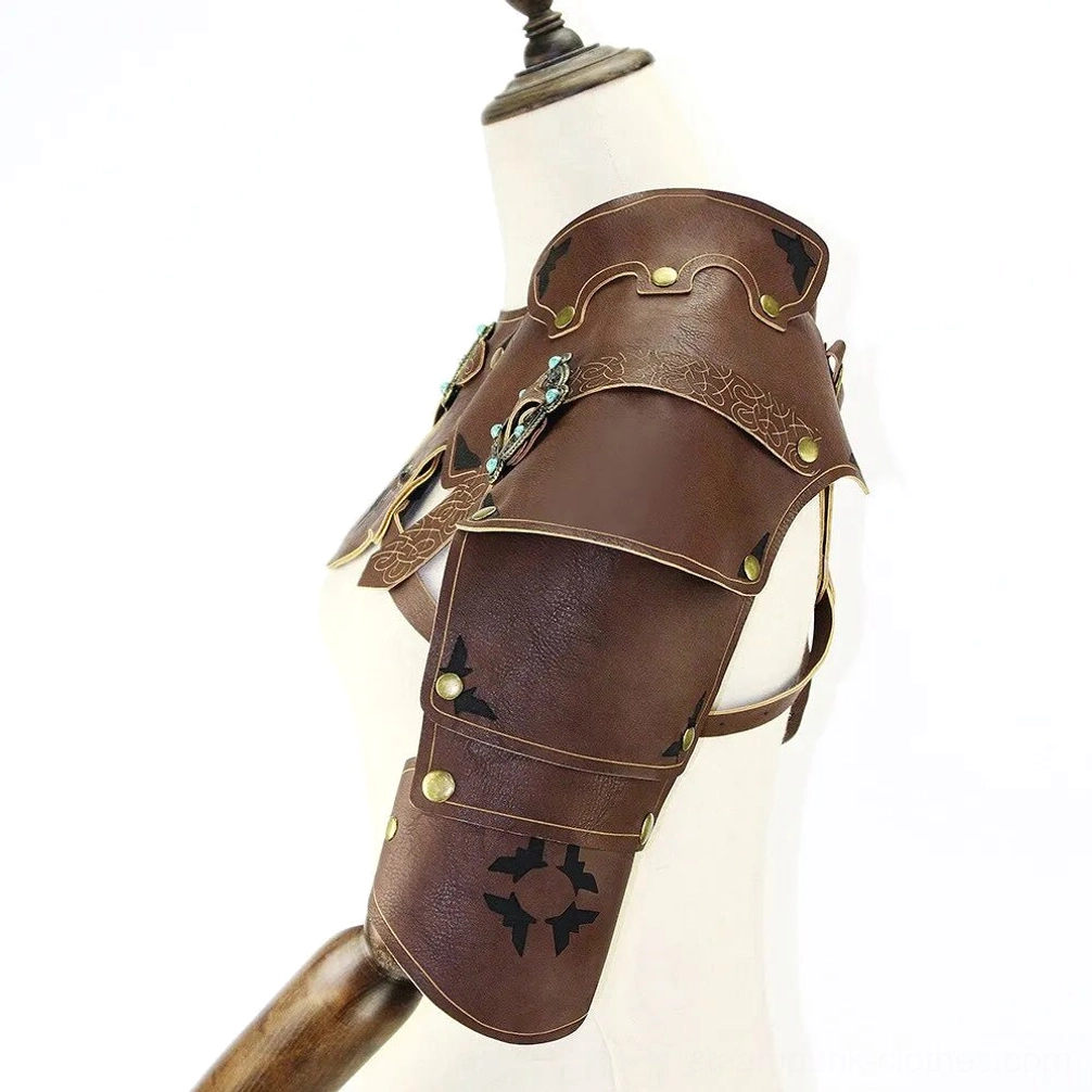 Close-up of steampunk shoulder and arm armor components featuring turquoise decorative metal elements, intricately carved star motifs, and brass rivet detailing on brown leather construction