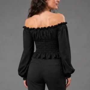 Steampunk off-shoulder blouse back view showing shirred waist construction and voluminous lantern sleeves